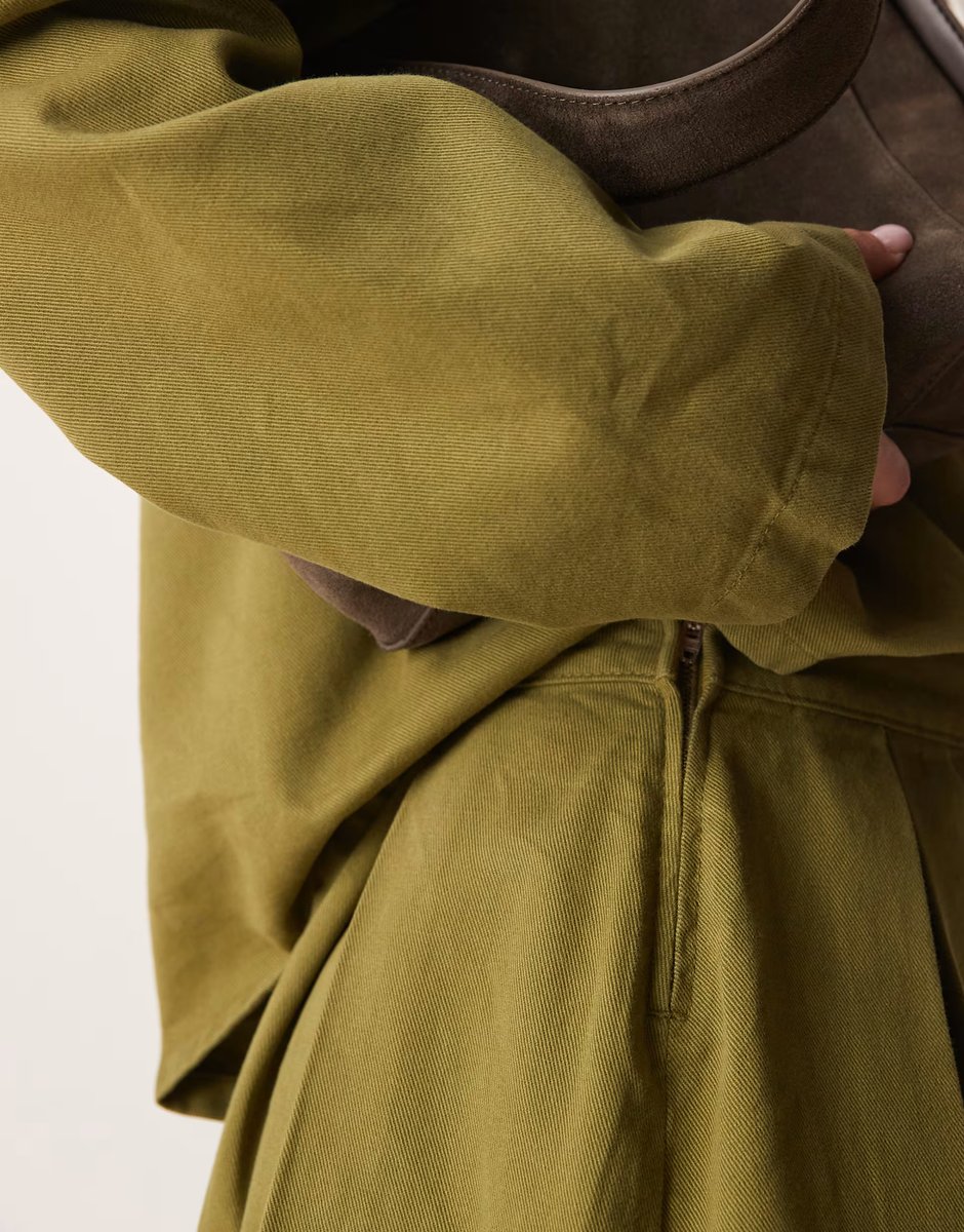 ASOS ASOS DESIGN denim mini skirt co-ord with box pleats in olive green - 3