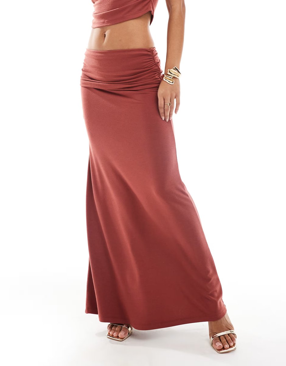 ASOS 4th & Reckless fold over ruched side maxi skirt co-ord in rust - 2
