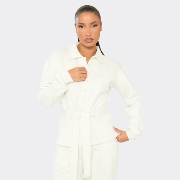 EGO Tie Waist Button Up Collared Sweatshirt In Cream, Women's Size UK 10