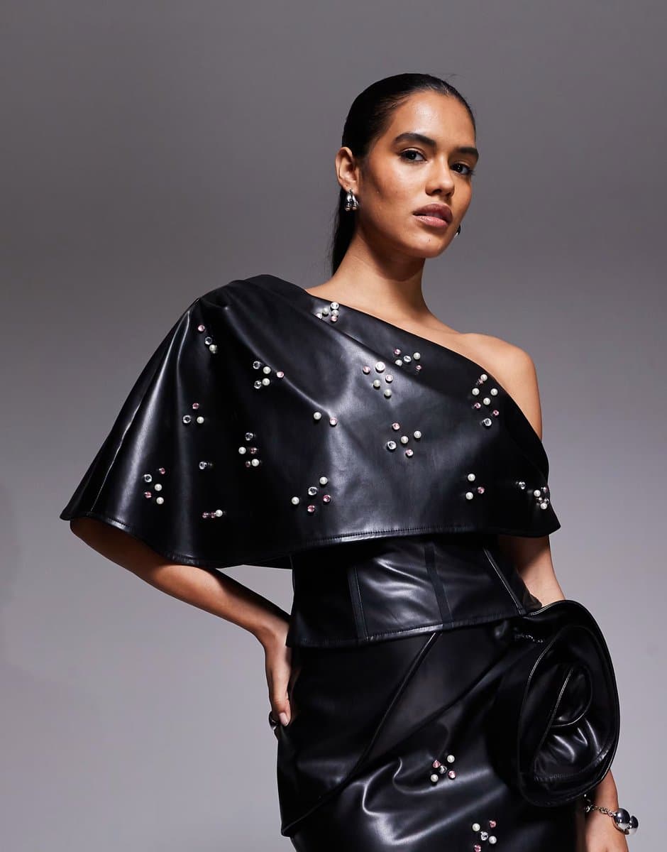 ASOS ASOS LUXE PU corset top with embellishment and frill overlayer in black