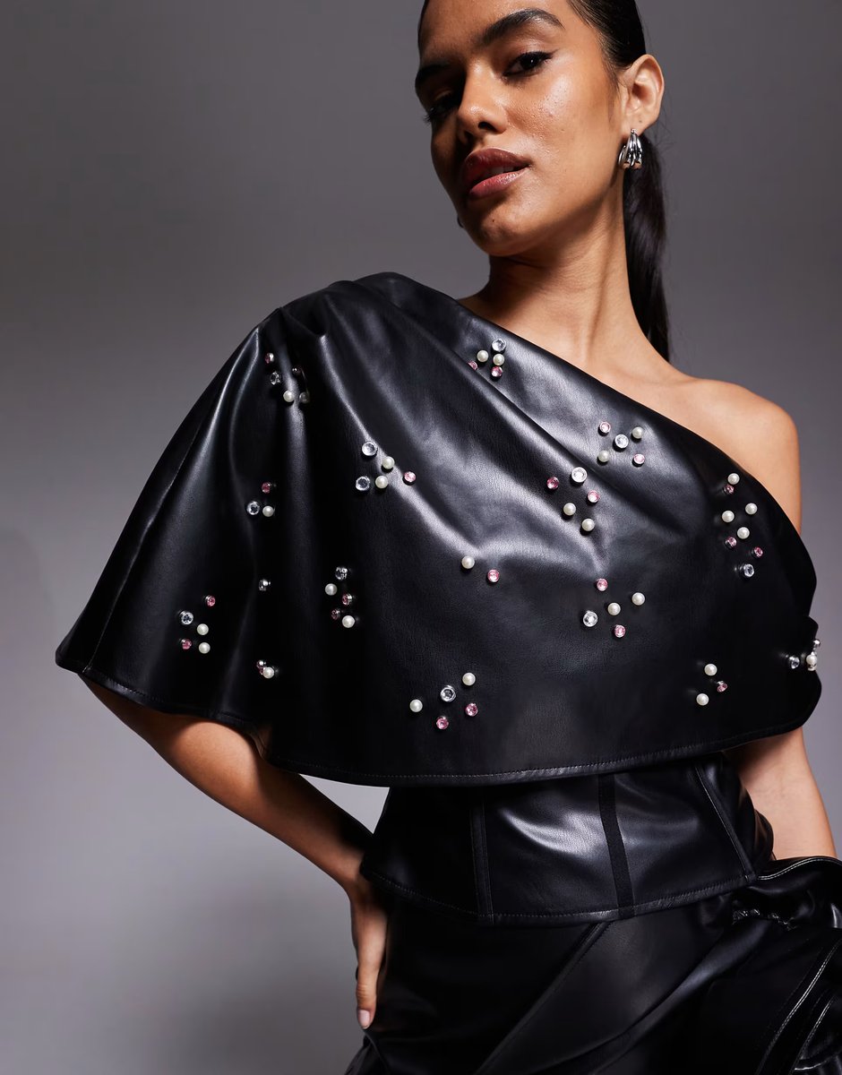 ASOS ASOS LUXE PU corset top with embellishment and frill overlayer in black - 3