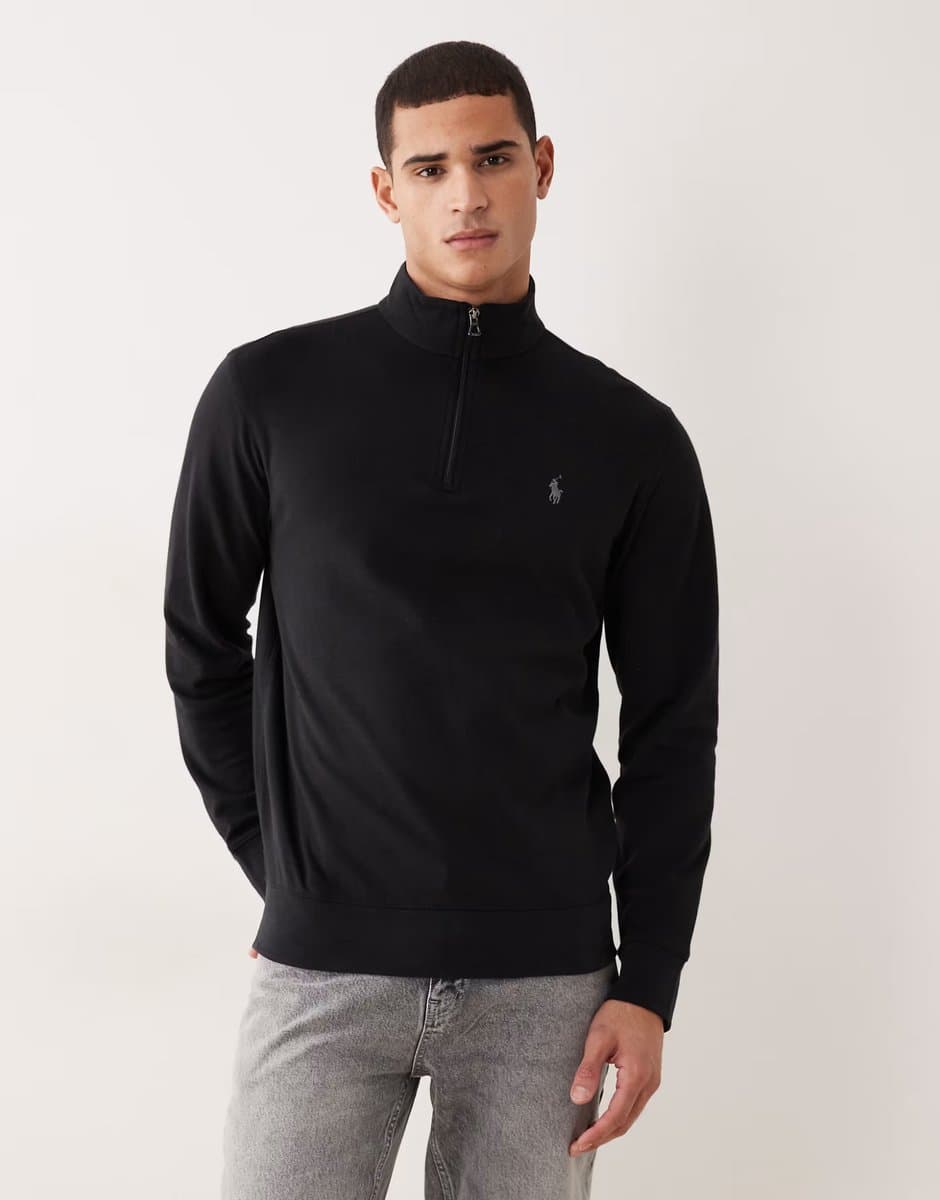 ASOS Polo Ralph Lauren icon logo double knit jersey half zip sweatshirt in black