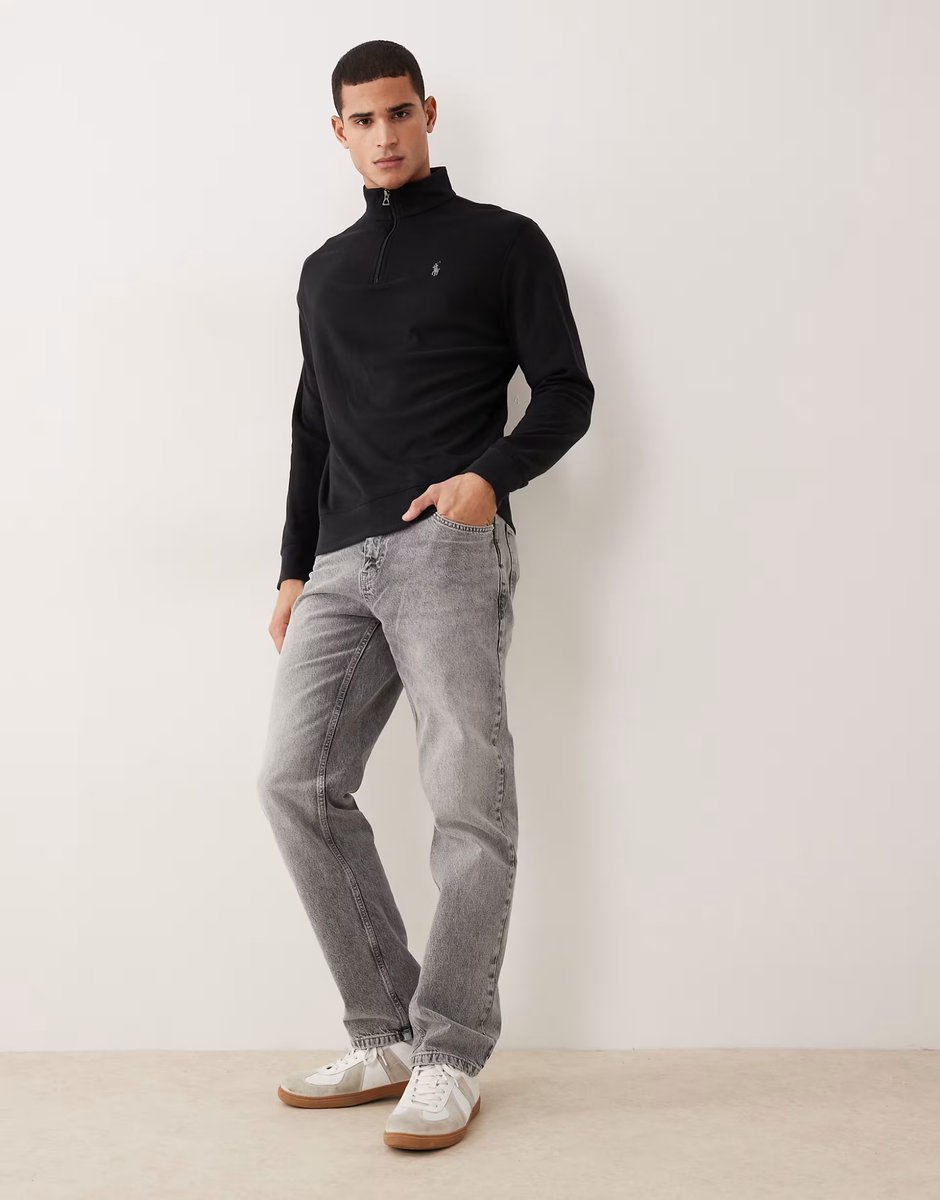 ASOS Polo Ralph Lauren icon logo double knit jersey half zip sweatshirt in black - 2