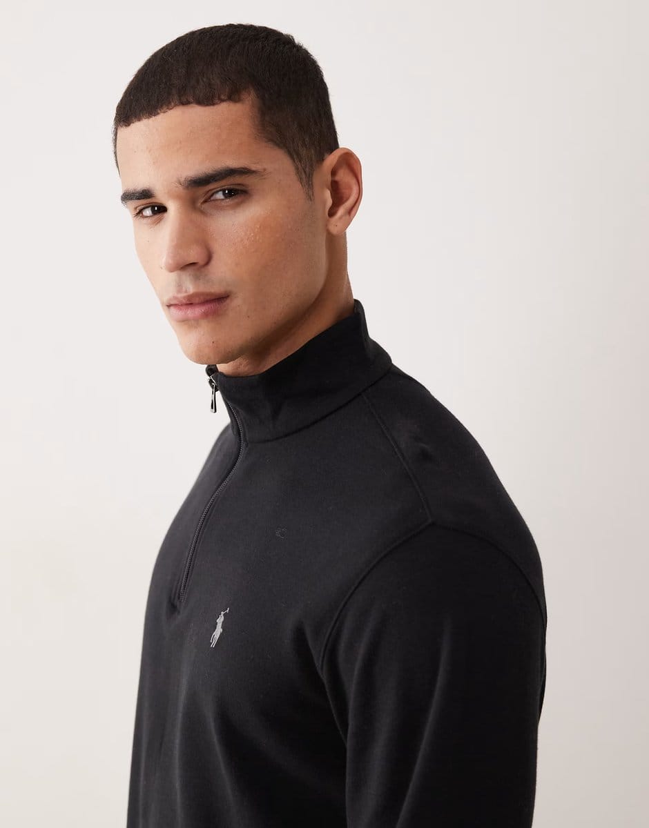 ASOS Polo Ralph Lauren icon logo double knit jersey half zip sweatshirt in black - 4