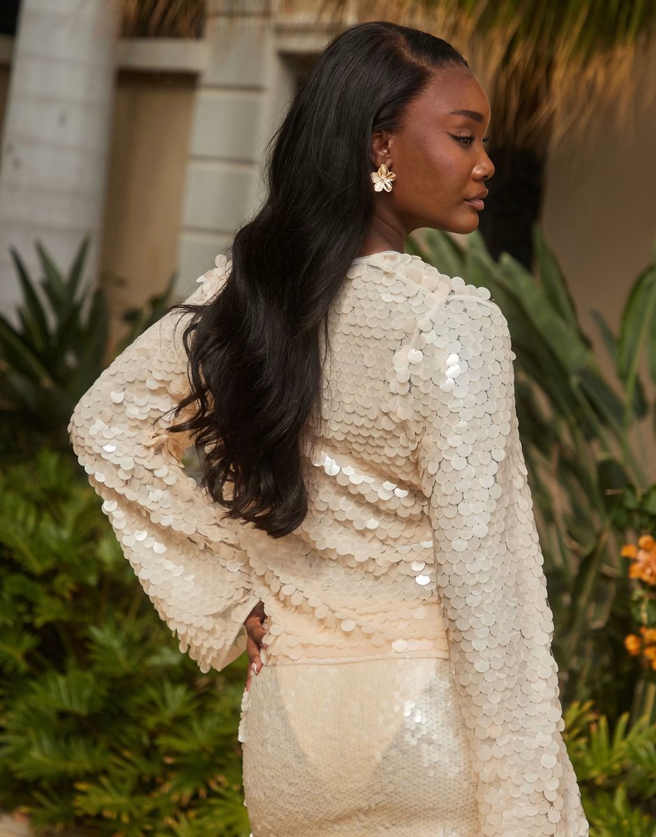 ASOS South Beach tie front sequin long sleeve beach top in cream - 4