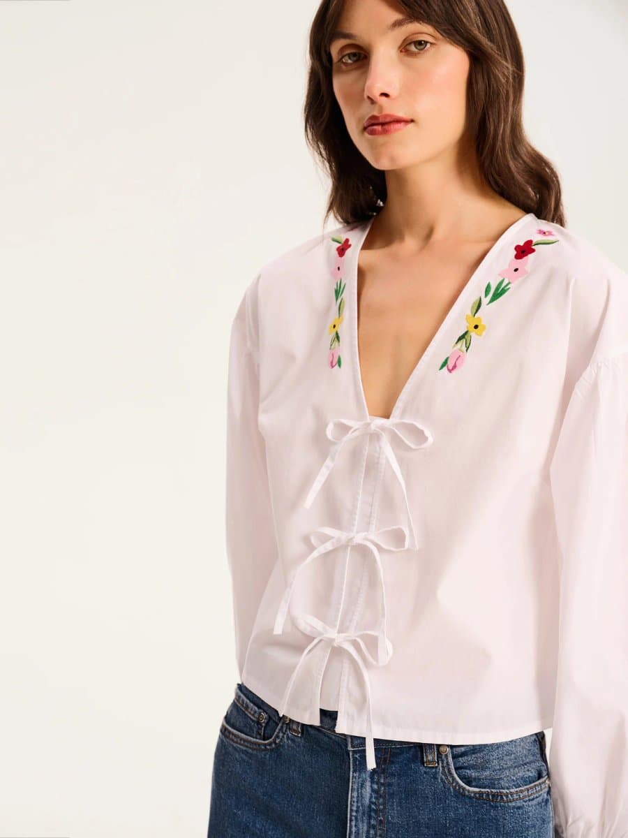 OMNES OMNES Floral Tie-Front Blouse in White