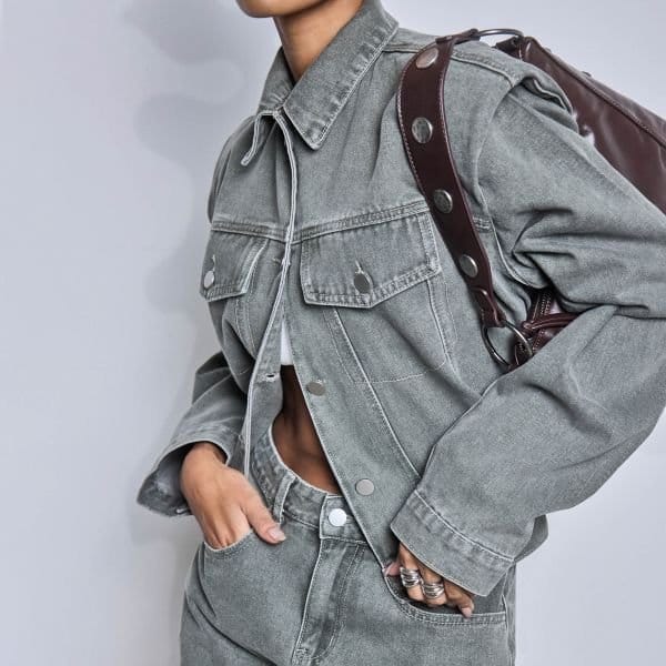 EGO Shoulder Pad Seam Detail Jacket In Khaki Denim, Women's Size UK 6 - 1