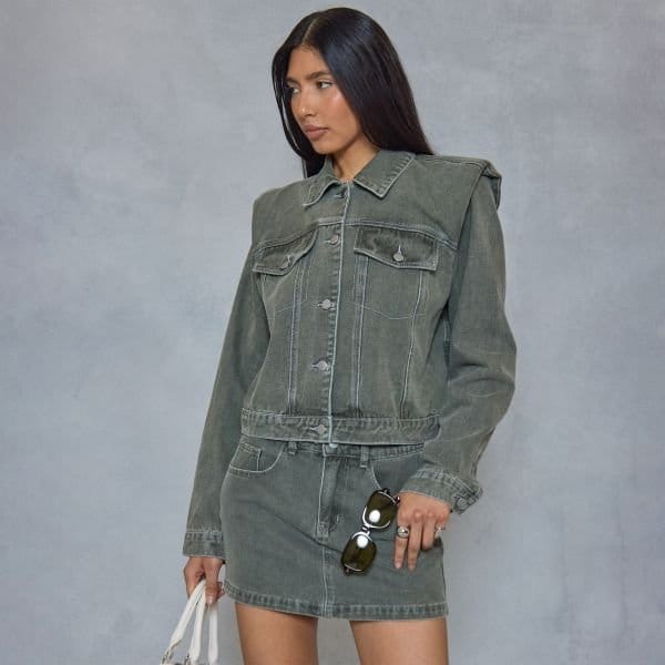 EGO Shoulder Pad Seam Detail Jacket In Khaki Denim, Women's Size UK 6 - 2