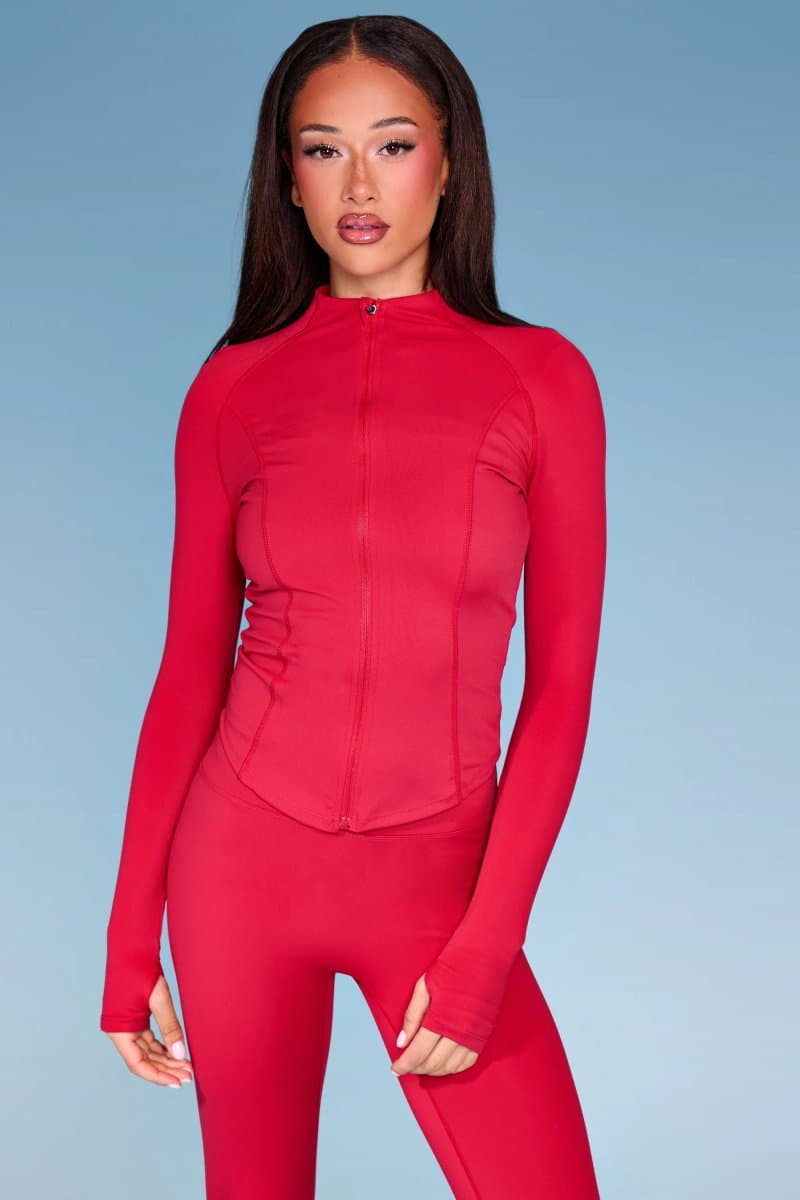 Kaiia Kaiia Sculpt Long Sleeve Zip Through Fitted Jacket Deep Red