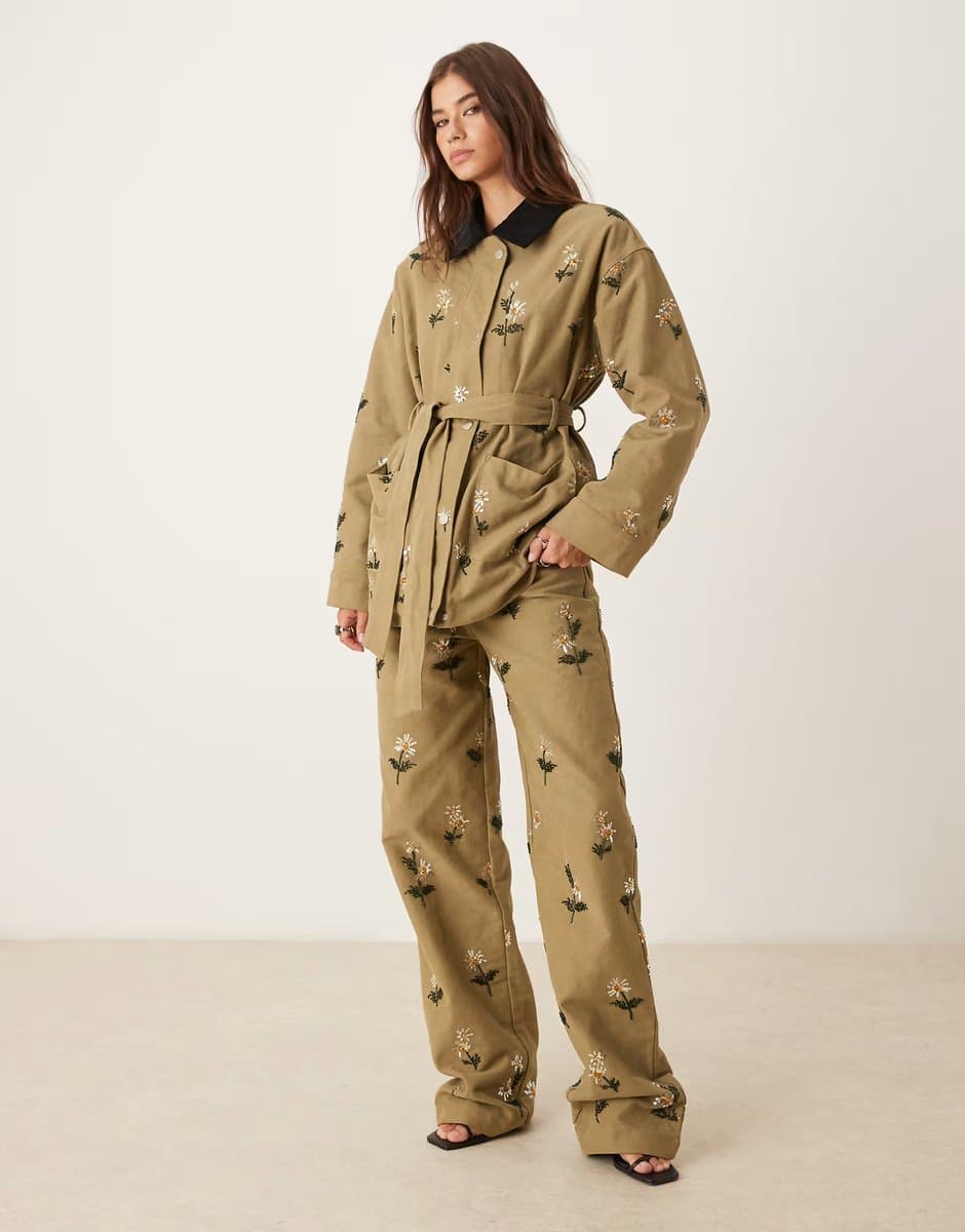 ASOS Dream Sister Jane chateau floral embellished jeans co-ord in khaki