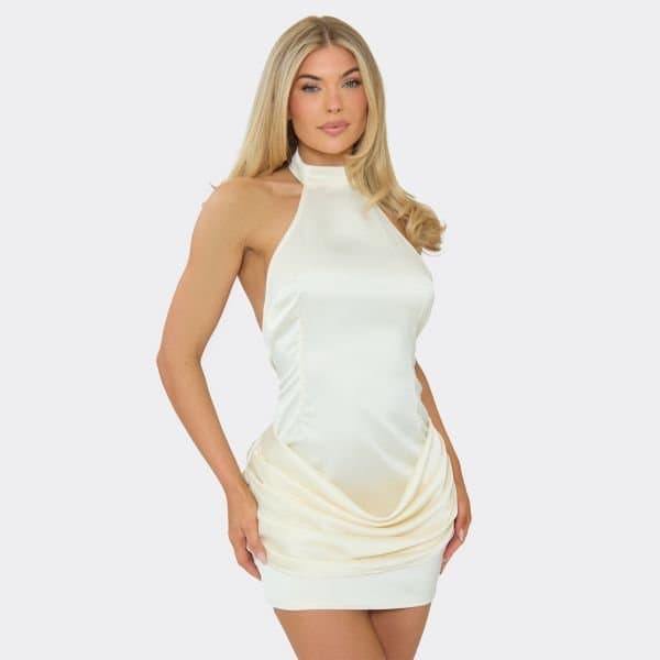 EGO High Neck Drape Panel Mini Dress In Cream, Women's Size UK 6