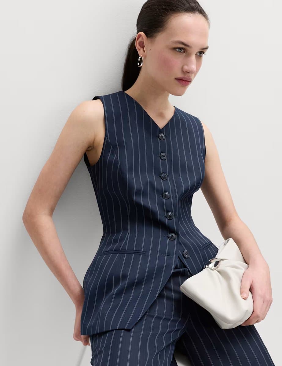 Marks & Spencer M&S Tailored Pinstripe Cinched Waist Longline Waistcoat Navy Mix