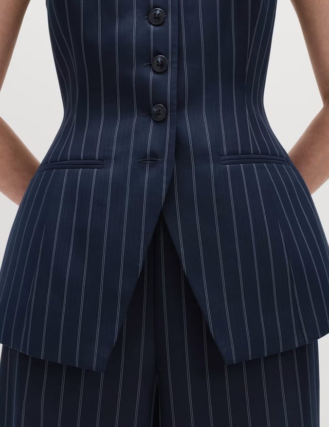 Marks & Spencer M&S Tailored Pinstripe Cinched Waist Longline Waistcoat Navy Mix - 2