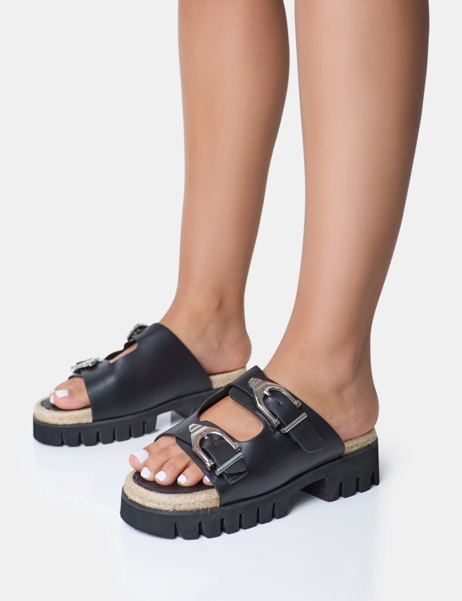Public Desire Equinox Black Chunky Jute Detail Buckle Flatform Sandals - 4