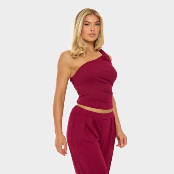 EGO One Shoulder Tie Detail Top And Wide Leg Trousers Co-Ord Set In Burgundy Rib, Women's Size UK 6 - 2