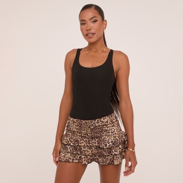 EGO Tie Waist Frilly Mini Skirt In Brown Leopard Print Texture, Women's Size UK 4