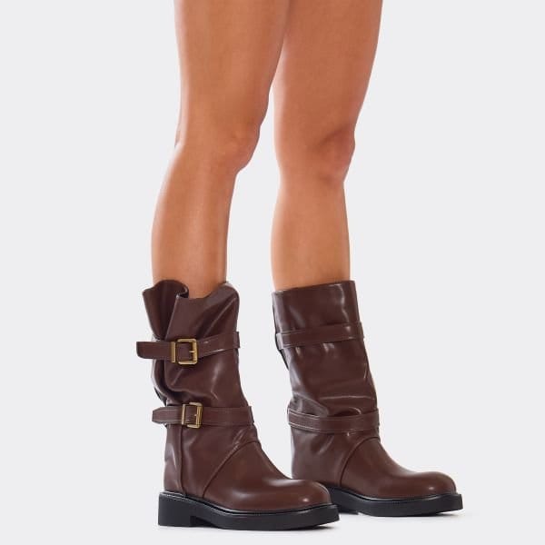 EGO Enjoy Double Buckle Detail Mid Calf Biker Boot In Brown Faux Leather, Women's Size UK 3 - 1