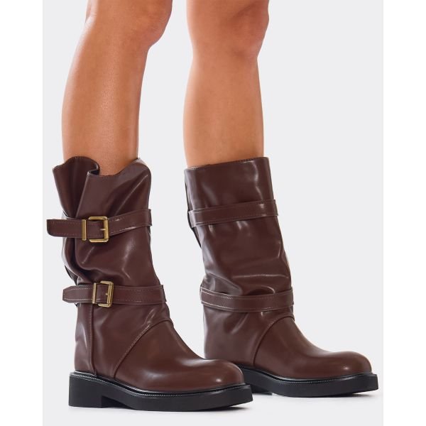EGO Enjoy Double Buckle Detail Mid Calf Biker Boot In Brown Faux Leather, Women's Size UK 3 - 2