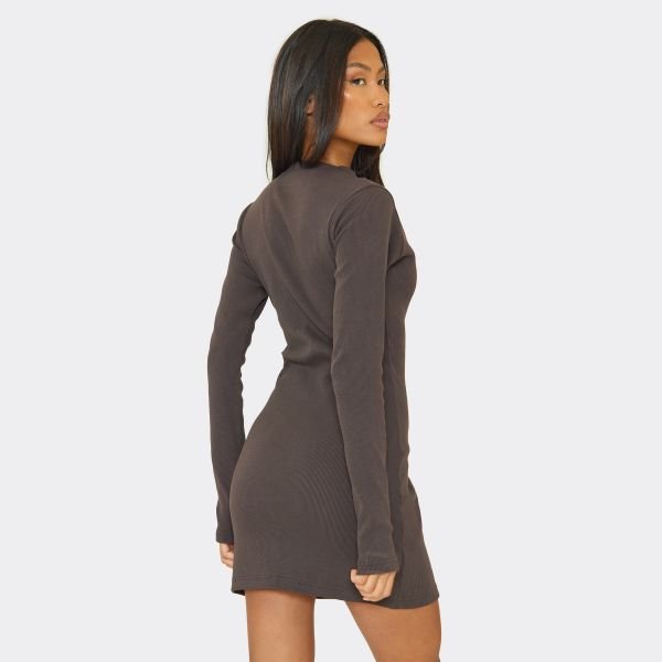 EGO Long Sleeve Cinched Waist Button Down Mini Dress In Chocolate Brown Rib, Women's Size UK 6 - 2