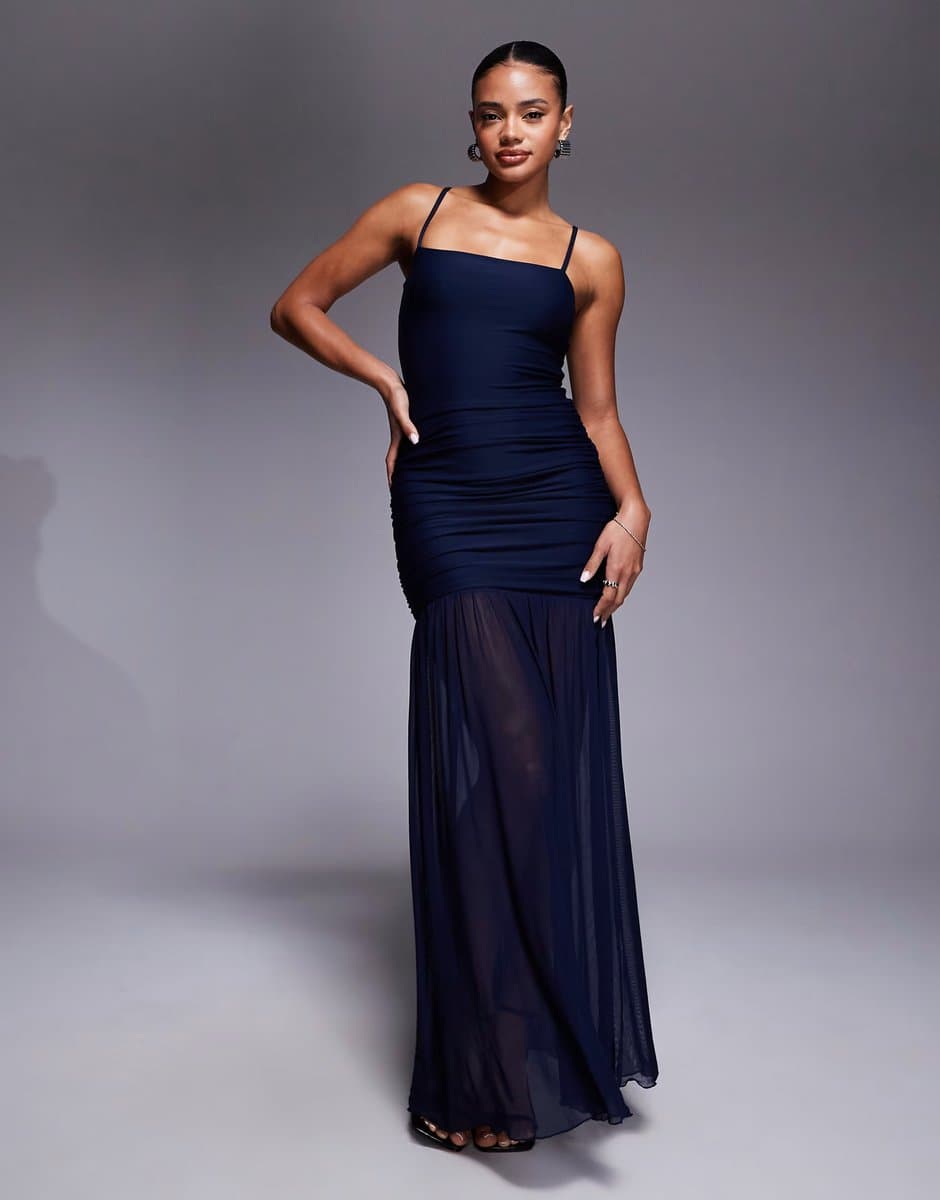ASOS Kaiia exclusive structured square neck contrast skirt sheer hem maxi dress in navy