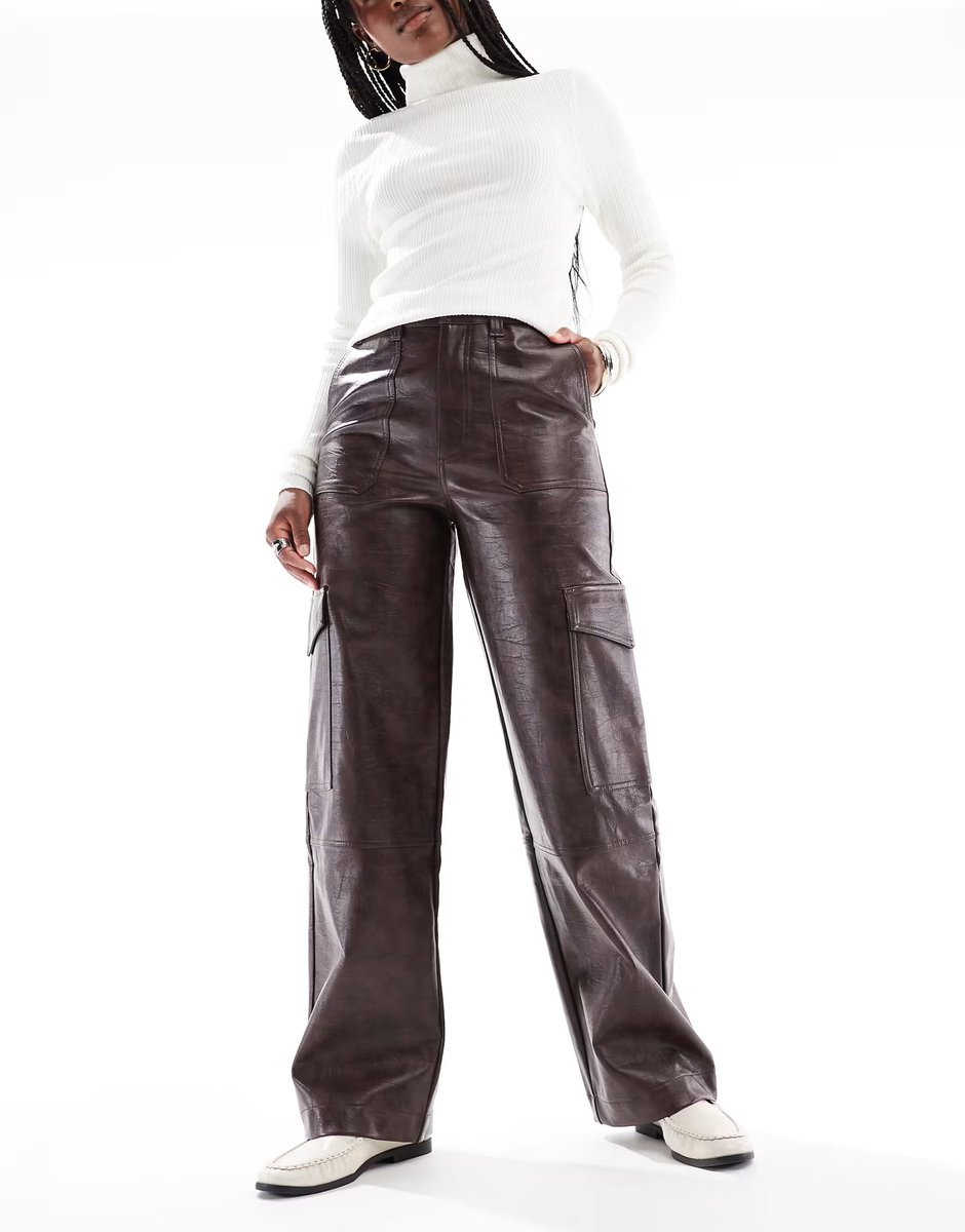 ASOS ASOS DESIGN cargo utility trousers in faux leather in washed chocolate - 3