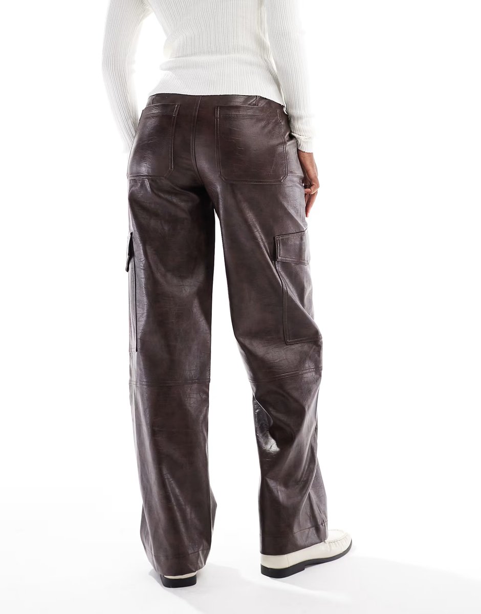 ASOS ASOS DESIGN cargo utility trousers in faux leather in washed chocolate - 4
