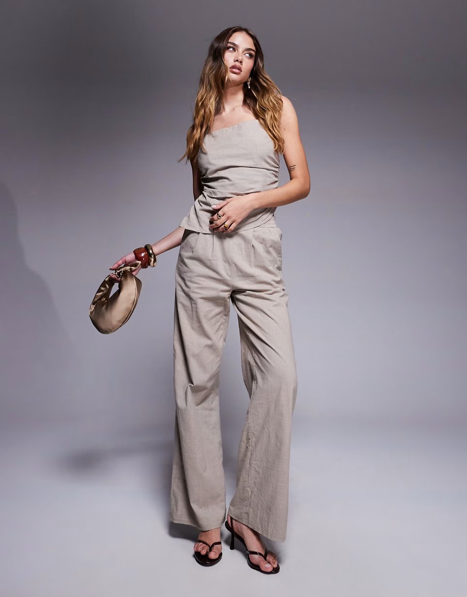 ASOS Kaiia exclusive linen blend look halter square neck ruched detail top co-ord in coffee - 1