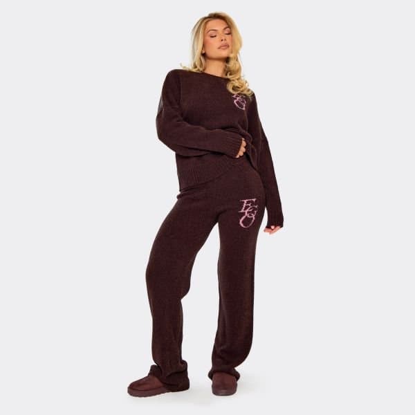 EGO Mid Waist Ego Graphic Straight Leg Trousers In Brown Knit, Women's Size UK Large L
