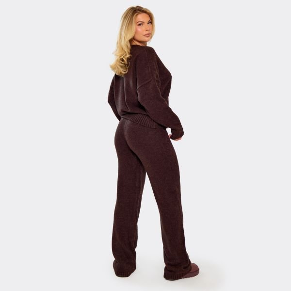 EGO Mid Waist Ego Graphic Straight Leg Trousers In Brown Knit, Women's Size UK Large L - 2