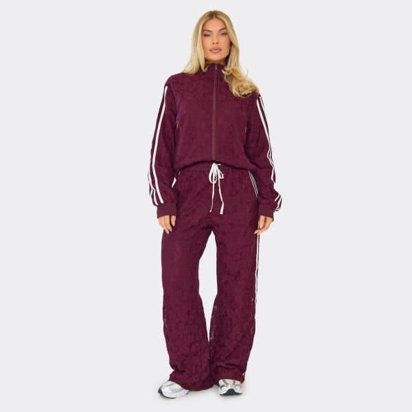 EGO Contrast Stripe Straight Leg Joggers In Plum Floral Crochet, Women's Size UK 6