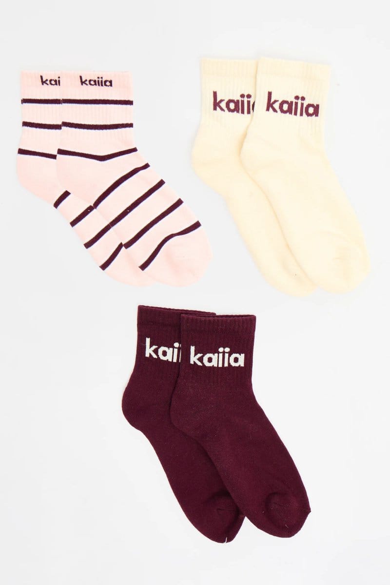Kaiia Pack of Three Kaiia Stripe Socks Pink , Cream & Burgundy - 1