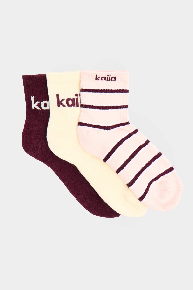 Kaiia Pack of Three Kaiia Stripe Socks Pink , Cream & Burgundy - 2