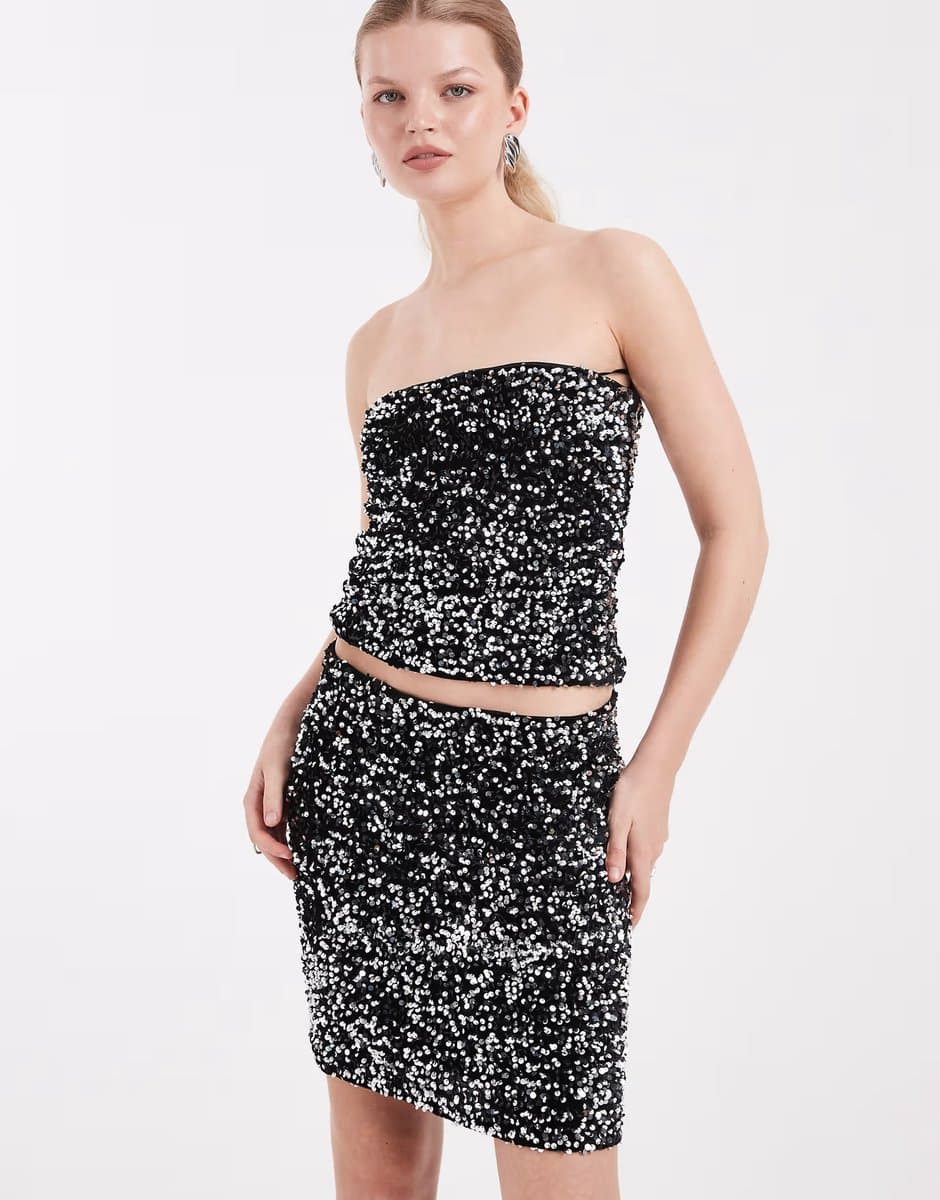 ASOS Vero Moda textured sequin mini skirt co-ord in black and silver