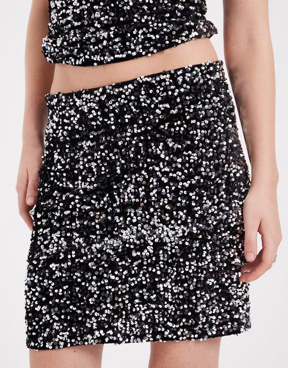 ASOS Vero Moda textured sequin mini skirt co-ord in black and silver - 3