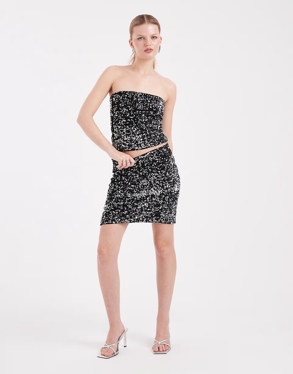 ASOS Vero Moda textured sequin mini skirt co-ord in black and silver - 4