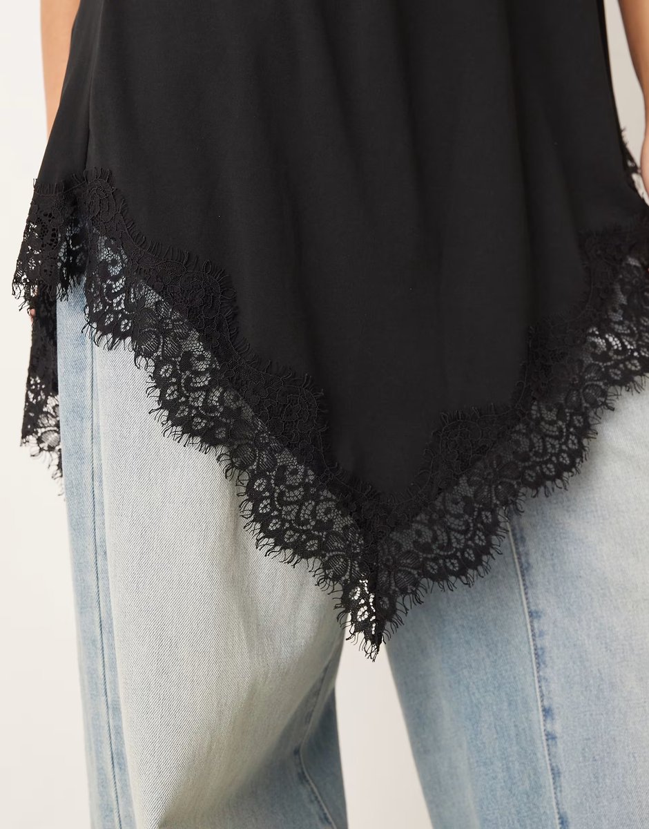 ASOS Gina Tricot asymmetric lace singlet top in black - 2