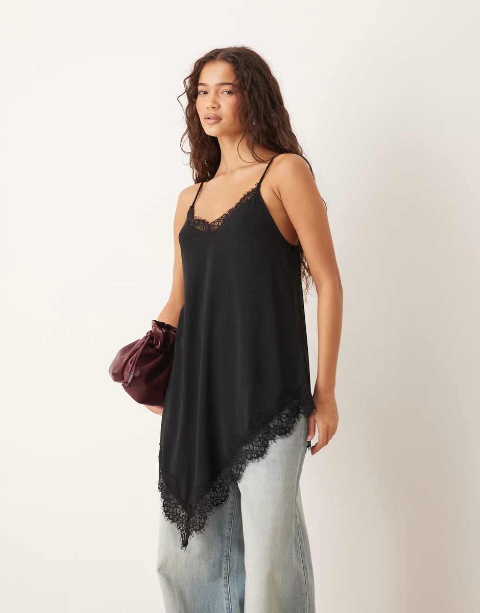 ASOS Gina Tricot asymmetric lace singlet top in black - 4