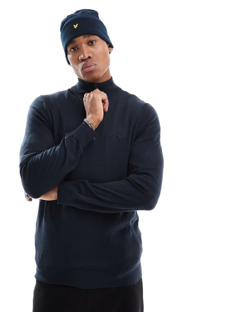 ASOS Lyle & Scott Tonal Eagle Merino Quarter Zip in Dark Blue