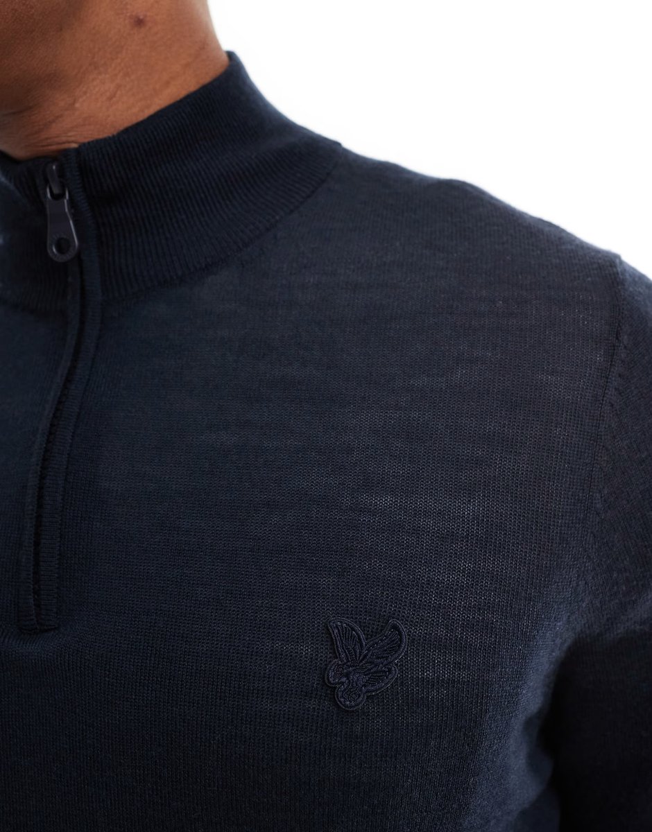 ASOS Lyle & Scott Tonal Eagle Merino Quarter Zip in Dark Blue - 3