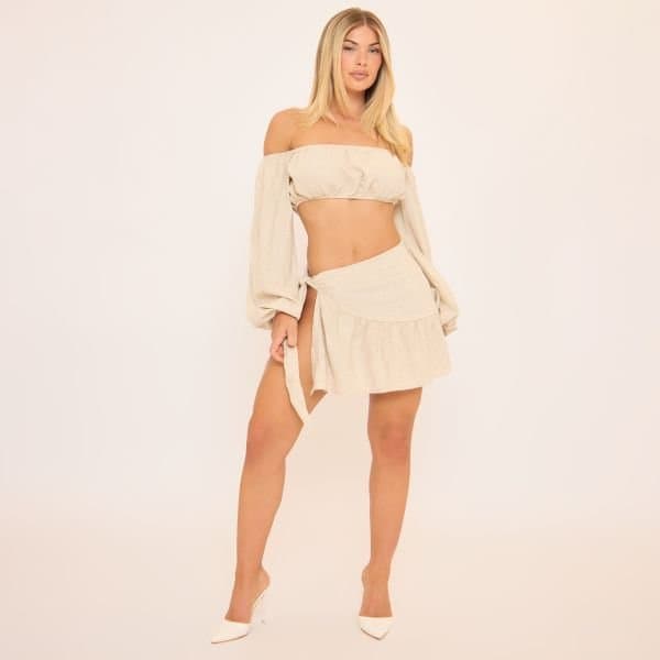 EGO Tie Waist Frill Hem Mini Skirt In Stone Linen, Women's Size UK 6