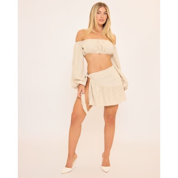 EGO Tie Waist Frill Hem Mini Skirt In Stone Linen, Women's Size UK 6 - 2
