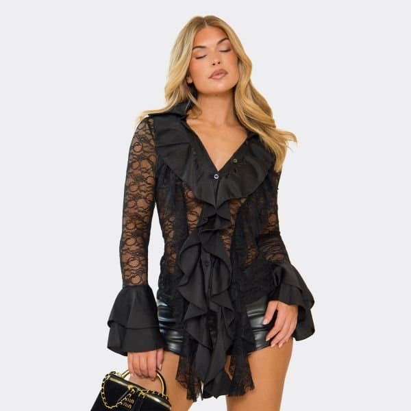 EGO Long Sleeve Ruffle Detail Button Front Shirt In Black Lace, Women's Size UK Small S