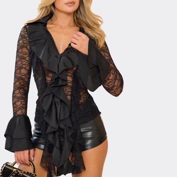 EGO Long Sleeve Ruffle Detail Button Front Shirt In Black Lace, Women's Size UK Small S - 2