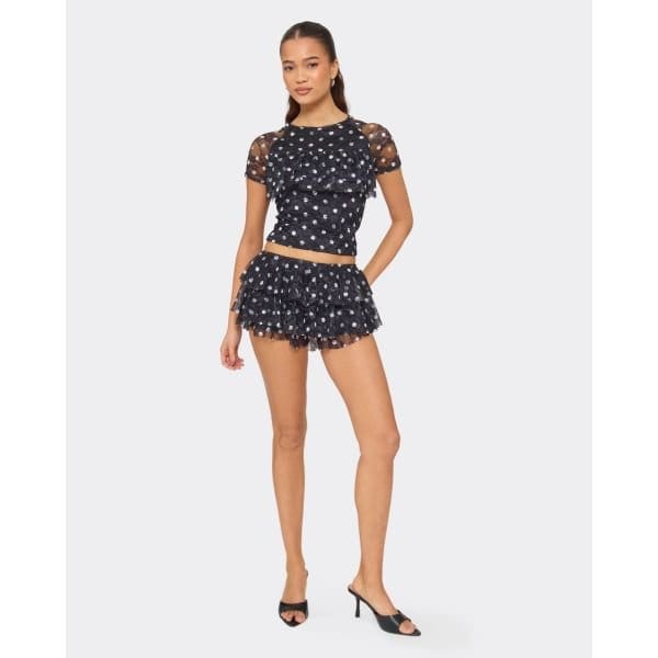 EGO Mid Rise Frill Bloomer Shorts In Black Polka Dot Lace, Women's Size UK 6 - 2