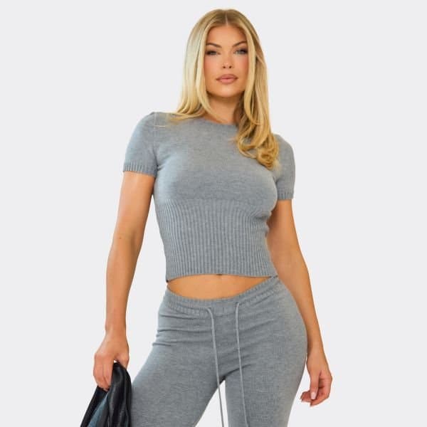 EGO EGO Crew Neck Short Sleeve Cinched Waist Top in Grey Knit