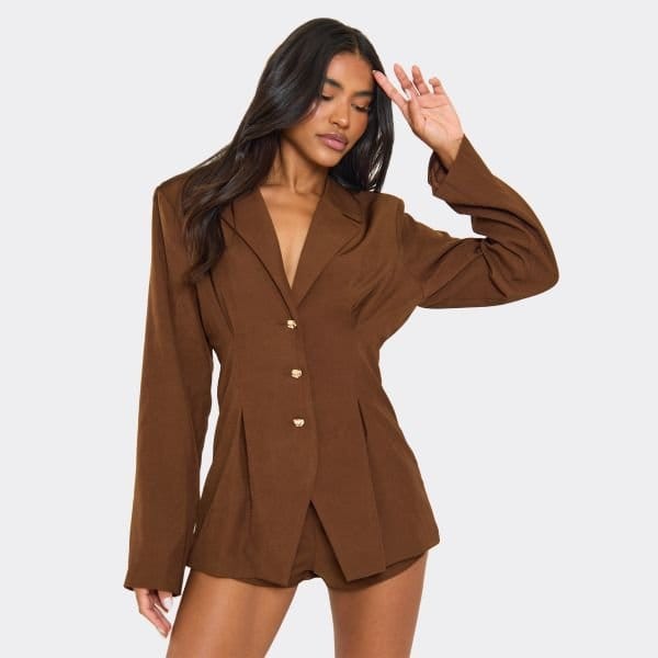 EGO Long Sleeve Pleat Detail Button Front Blazer Playsuit In Chocolate Brown, Women's Size UK 6 - 1
