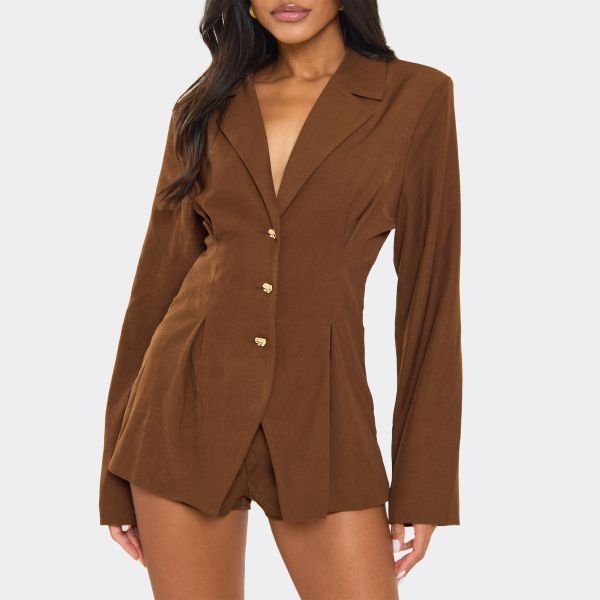EGO Long Sleeve Pleat Detail Button Front Blazer Playsuit In Chocolate Brown, Women's Size UK 6 - 2