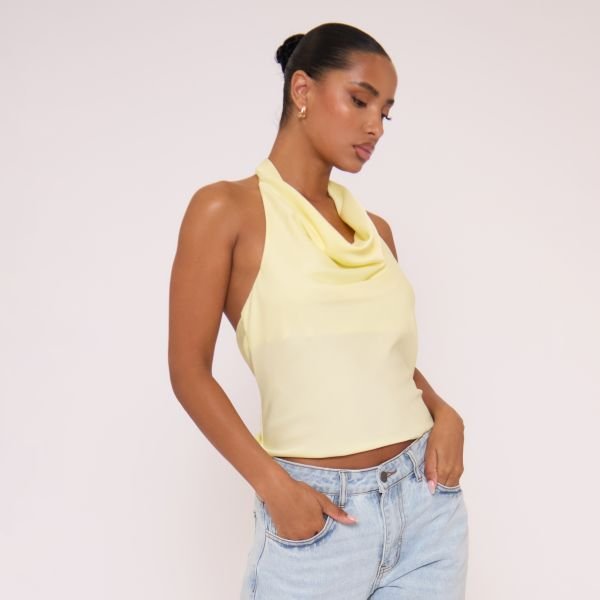 EGO Sleeveless Cowl Neck Open Back Detail Top In Yellow, Women's Size UK 10 - 1