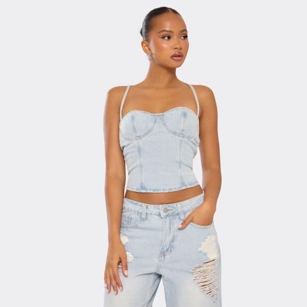 EGO EGO Strappy Fitted Corset Top in Light Blue Denim