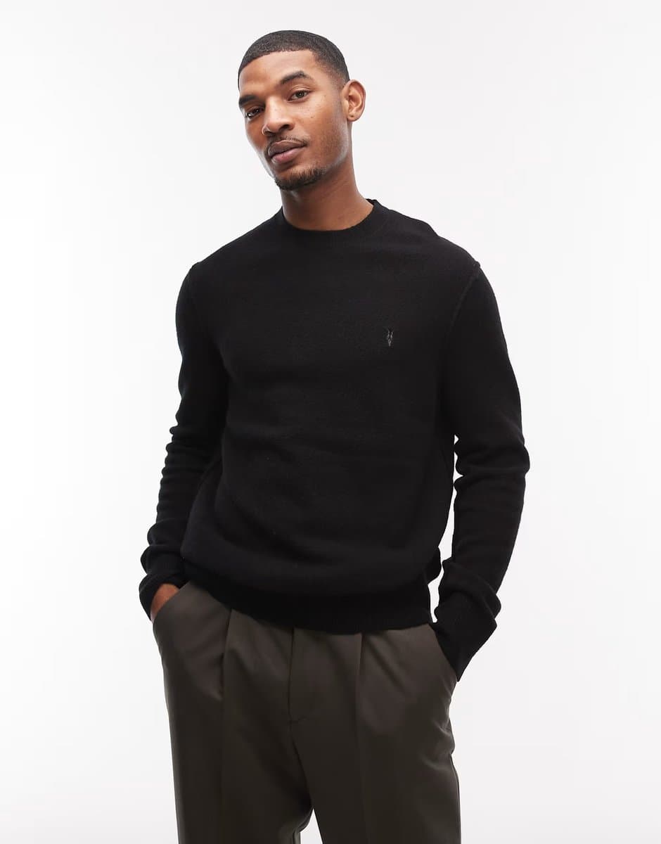 ASOS AllSaints Statten Crew Neck Logo Jumper in Black